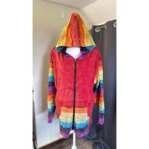 Greater Good Network Rainbow Patchwork Sun Hoodie Zip Jacket Red 3X Nepal Cotton